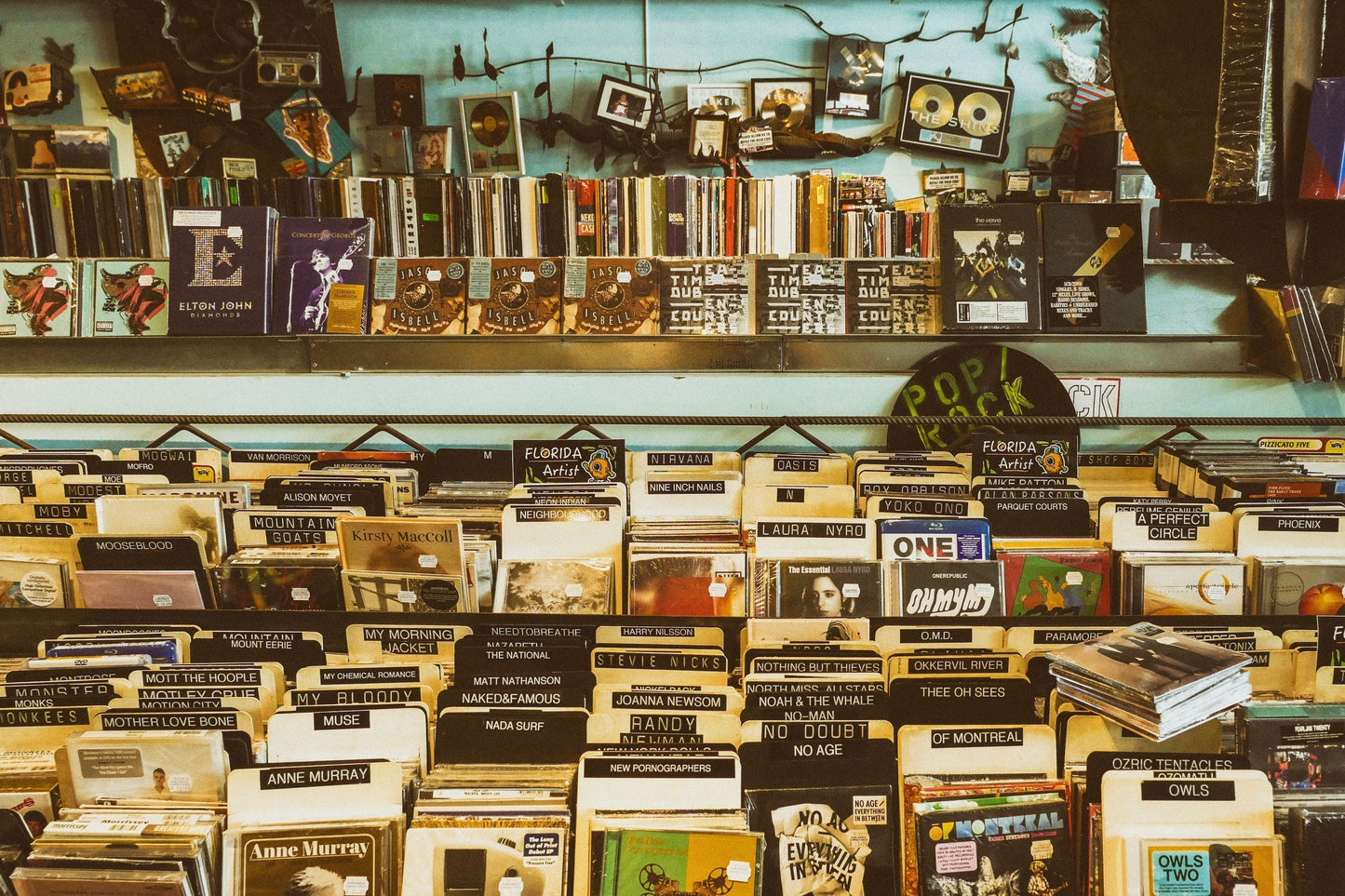 Shelves of records at a music store