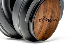 Close up of thinksound ov21 headphones featuring sustainably harvested walnut 