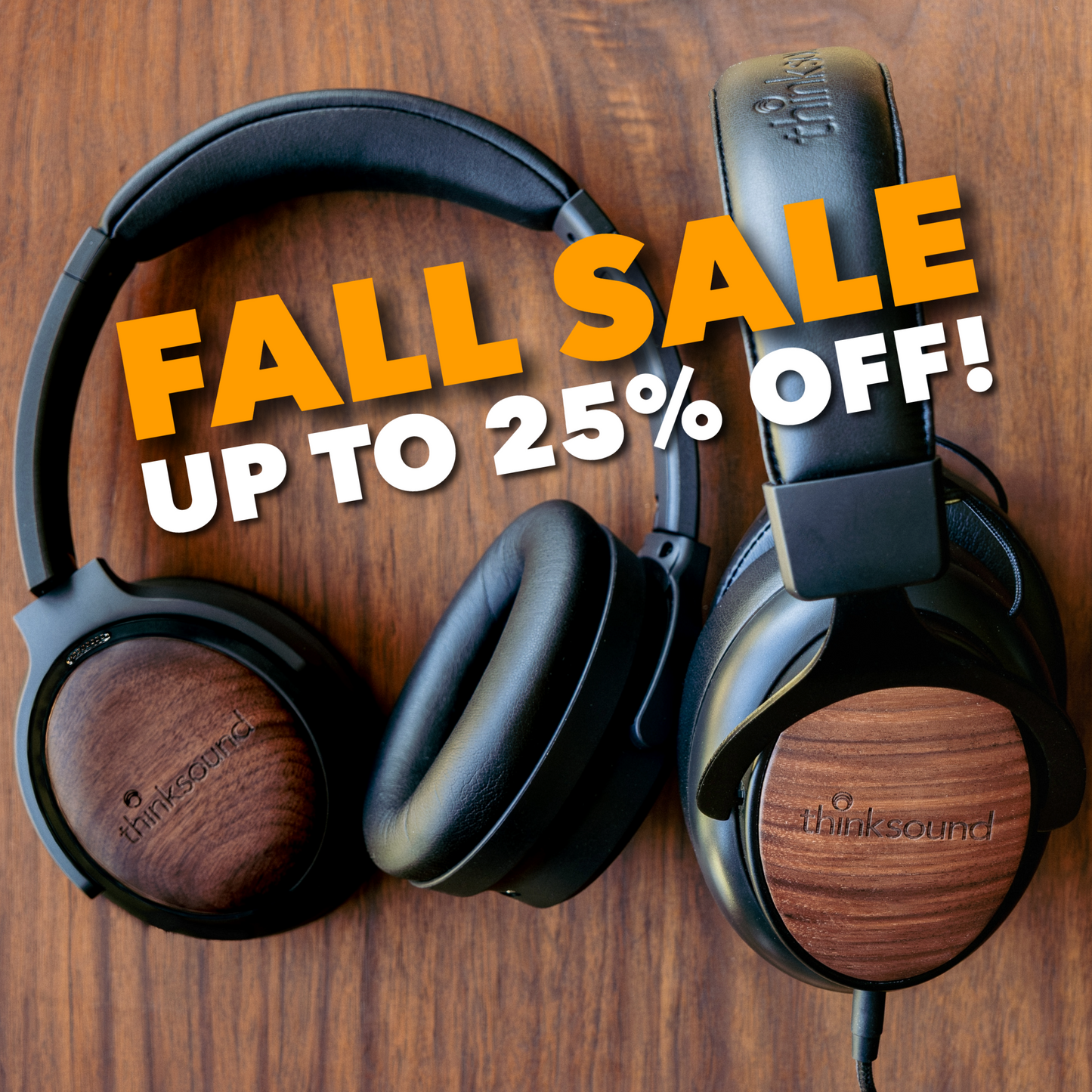 Pair of thinksound headphones with wooden accents on a wooden surface, featuring a 'Fall Sale' text overlay.